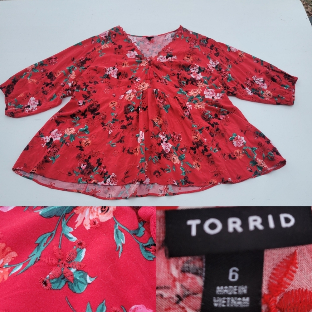 6X Torrid HOLIDAY RED GREEN FLORAL EYELET BOHO TASSEL TOP CHRISTMAS 5X